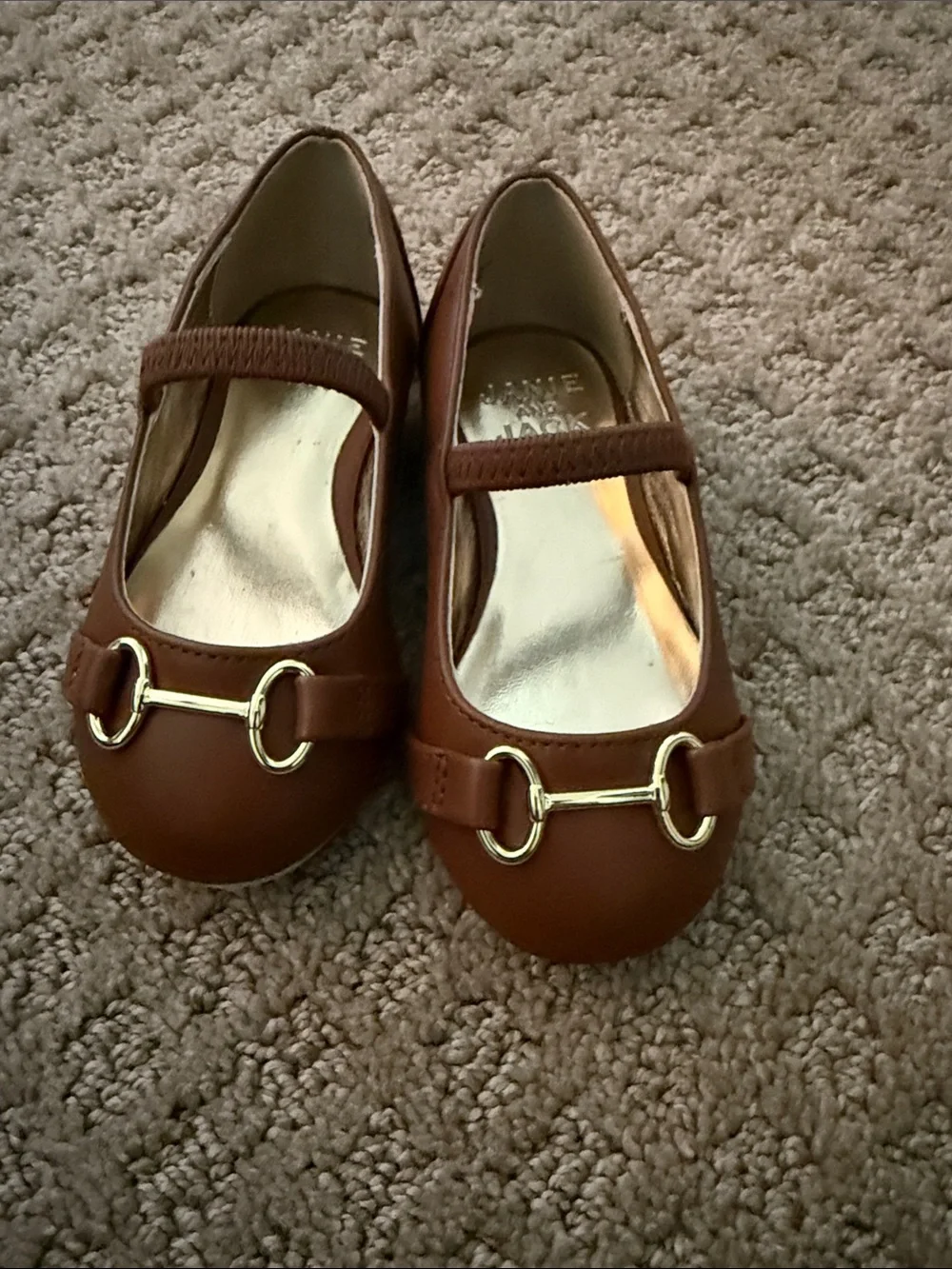 Janie and Jack Girls' Tan Leather Mary Jane Flats with Gold Bit